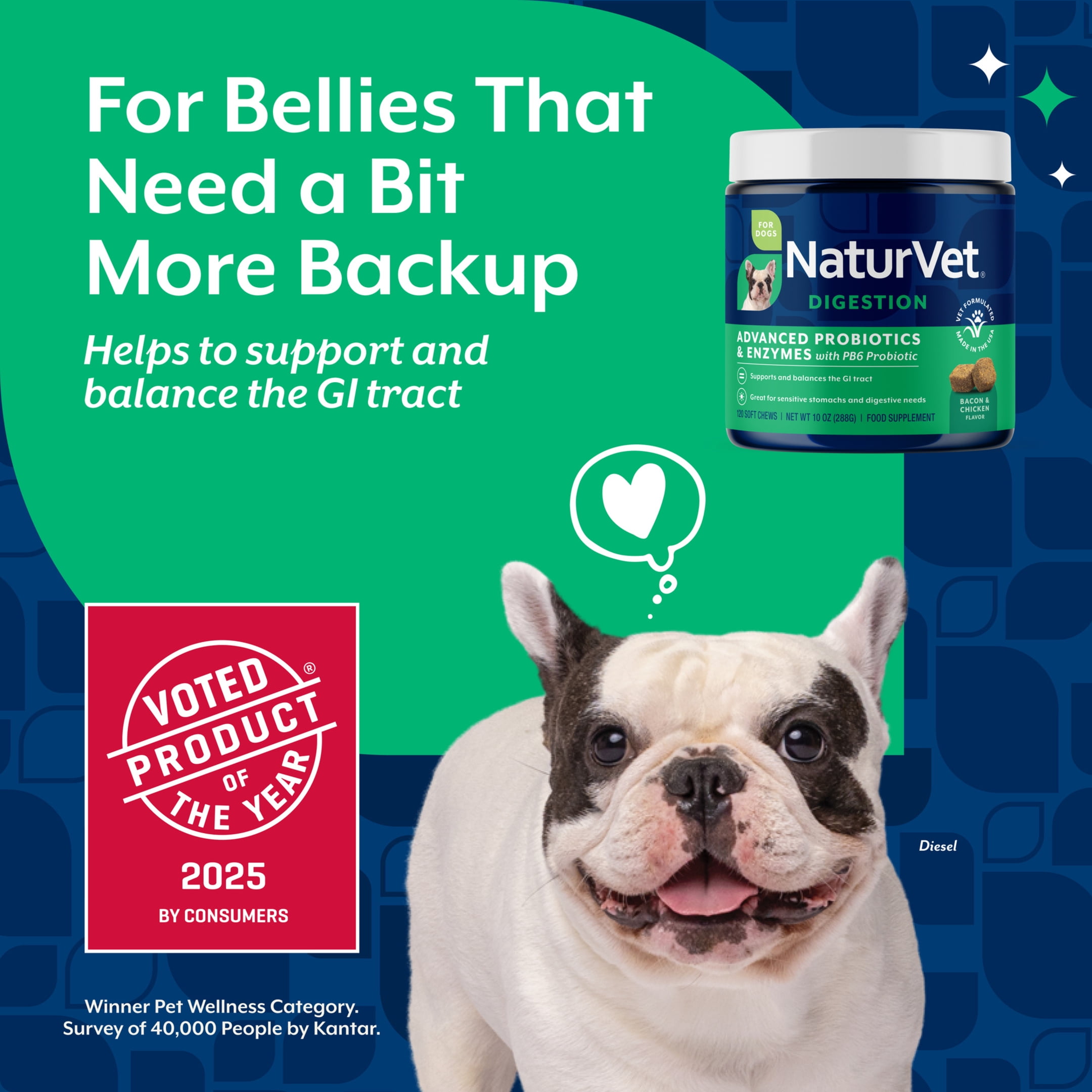 NaturVet Advanced Probiotics & Enzymes Digestion Supplement, Bacon and Chicken Flavor, 120 Count