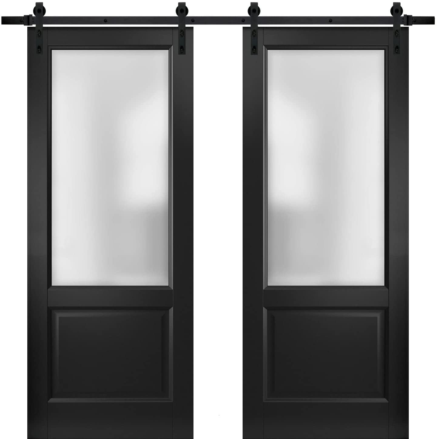 Sturdy Double Barn Door with Lucia 22 Matte Black with Frosted Glass 13FT Rail Hangers Heavy