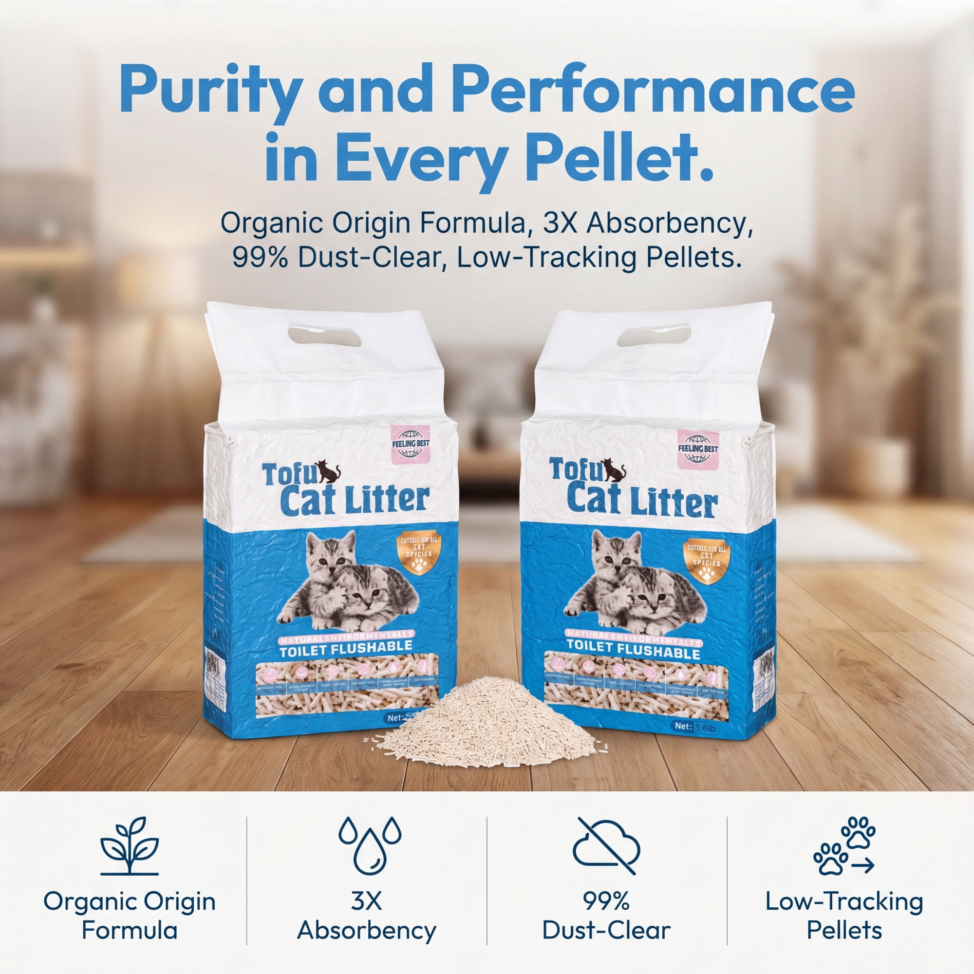 FEELING BEST Tofu Cat Litter 22.4 lb (4 x 5.6 lb), Unscented Clumping, Flushable, Low Dust, Ultra Absorbent for Multi-Cat