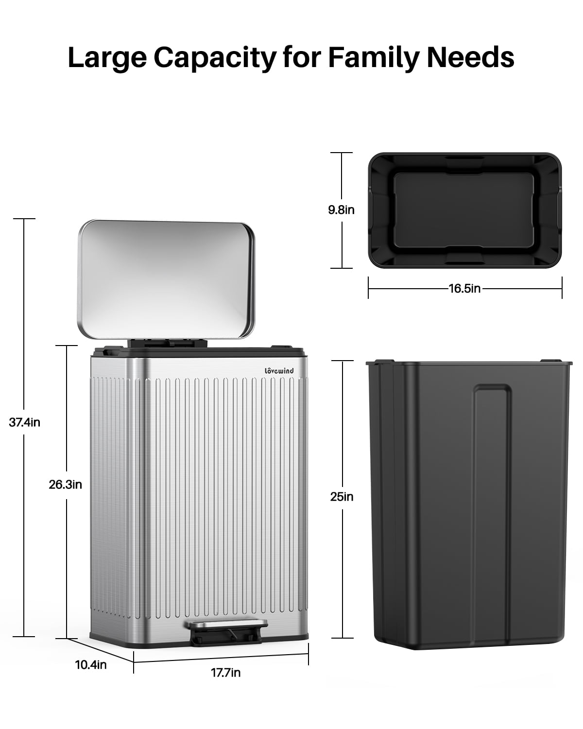 16 Gallon Stainless Steel Trash Can,60L Large Footstep Garbage Can with Removable Inner Bucket, Fits 20-Gallon Bags,Bin for Kitchen Office