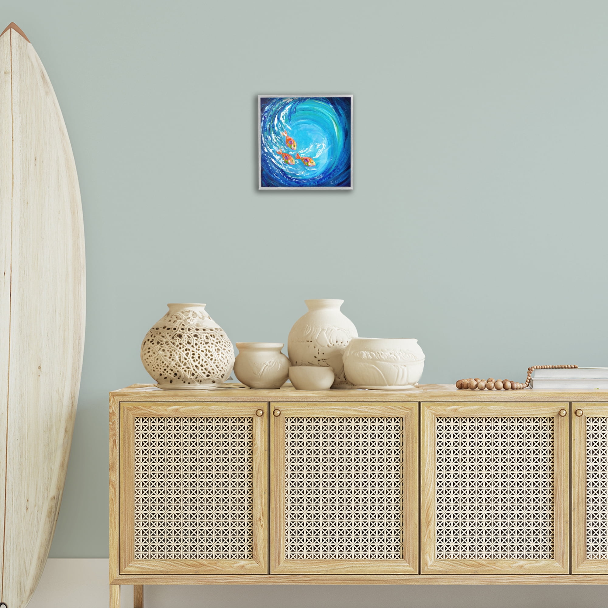 Stupell Industries Into The Blue Fish Landscape Painting Gray Framed Art Print Wall Art, 12 x 12