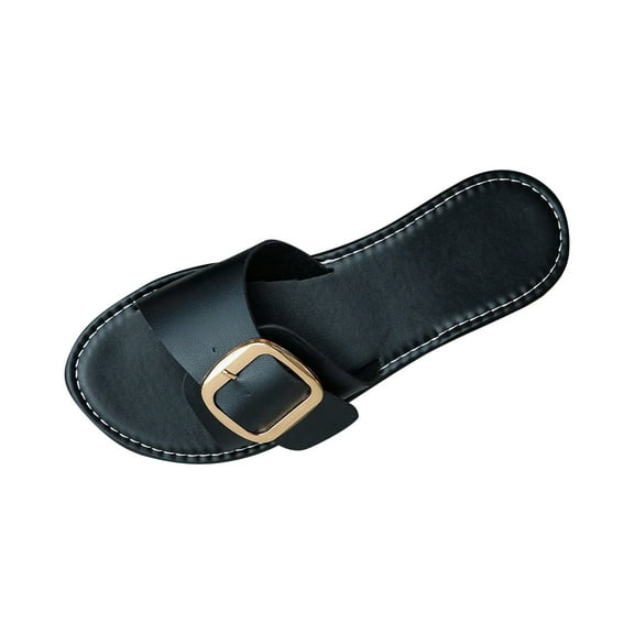 ShiShine Womens Flat Slide Sandals with Buckle Accent Open Toe Slip On Summer Casual Beach Comfort Shoes