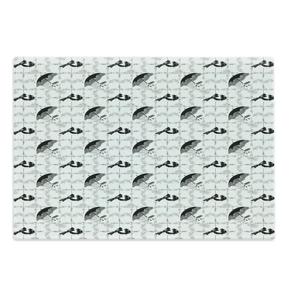 Vintage Cutting Board, Women Fashion Themed Elements Retro Style Hats Gloves Umbrella and Shoes, Decorative Tempered Glass Cutting and Serving Board, Large Size, Black Pale Grey White, by Ambesonne