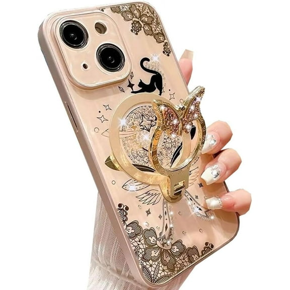 Magnetic Kickstand Glitter Case for iPhone 15 Plus, [Compatible with Magsafe] Cute 3D Bling Sparkle Rhinestone Butterfly Ring Stand Cat Lace Women Girls Phone Case for iPhone 15 Plus (Gold)