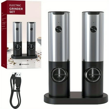 Electric Gravity Salt and Pepper Grinder Set with Rechargeable Base, Refillable Spice Automatic Pepper Mill Shakers Set, Adjustable Coarseness, Battery Powered with LED Light, 2 Pack