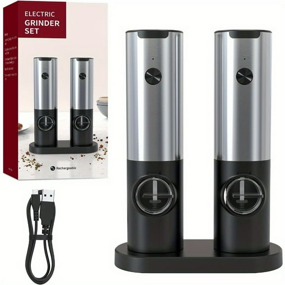 Electric Gravity Salt and Pepper Grinder Set with Rechargeable Base, Refillable Spice Automatic Pepper Mill Shakers Set, Adjustable Coarseness, Battery Powered with LED Light, 2 Pack