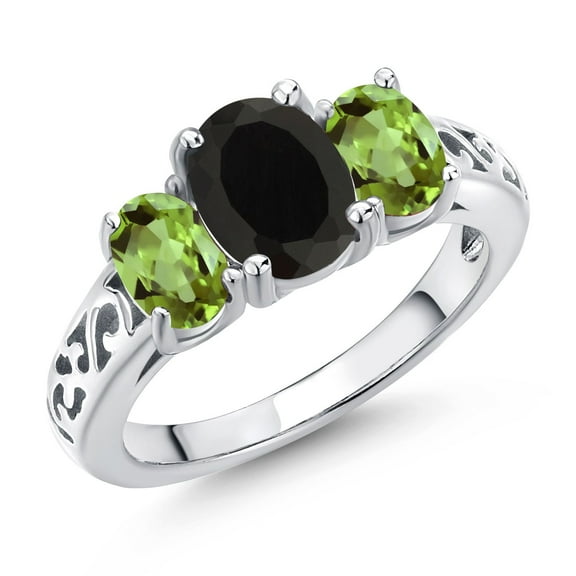 Gem Stone King 925 Sterling Silver Black Onyx and Green Peridot Filigree Style 3 Stone Ring for Women (2.60 Cttw, Oval 8X6MM and 6X4MM) (Size 6)