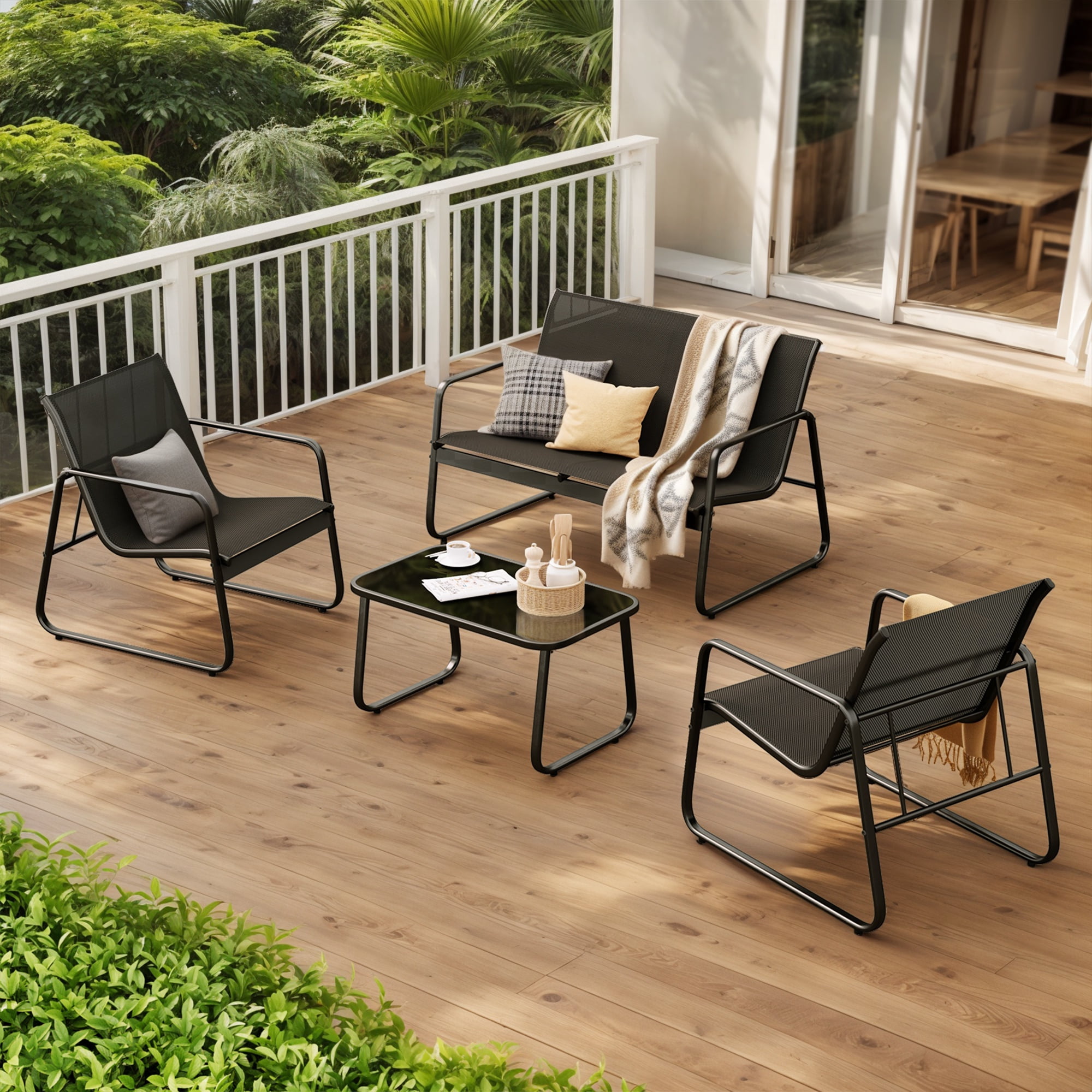 Patio Furniture Set on Sale, Asofer 4-PCS Bistro Set with Coffee Table for Poolside, Porch, Lawn, Black
