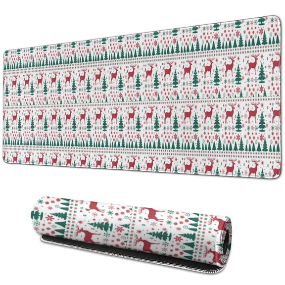 Long Mouse Pads for Desk,White Christmas Deer and Tree Pattern Desk Mats on Top Of Desks, Desk Mouse Pad Extra Large with 3mm Non-Slip Base and Stitched Edge for Gaming,Office,Work,Home 31.5x11.8in