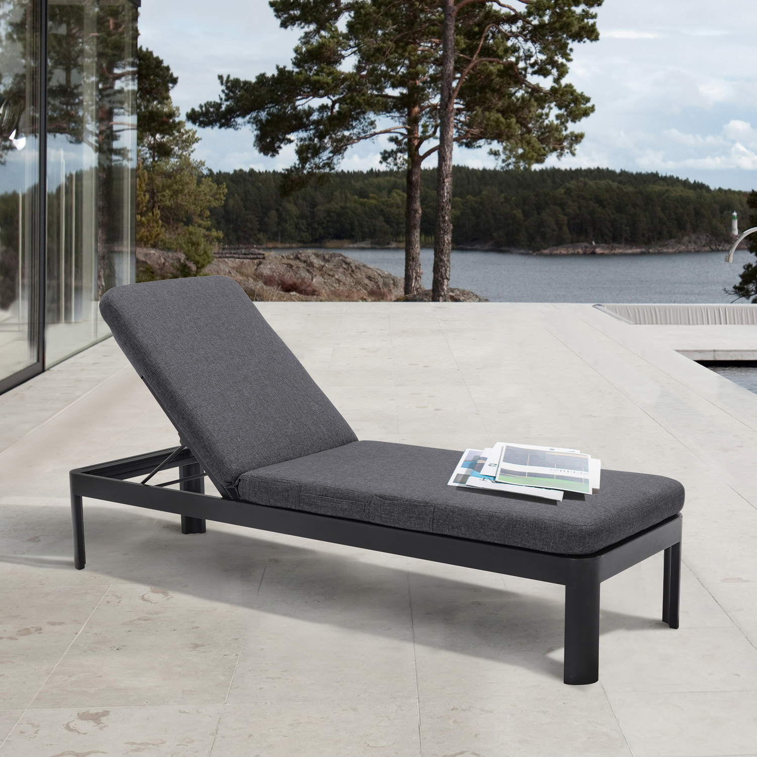 Portals Outdoor Chaise Lounge Chair in Black Finish and Grey Cushions - image 5 of 5