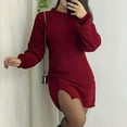 thumbnail image 2 of GigrtiJin Women Knit Mini Sweater Dress Mock Neck Long Sleeve Side Split Slim Casual Solid Color Bodycon Dresses, 2 of 8