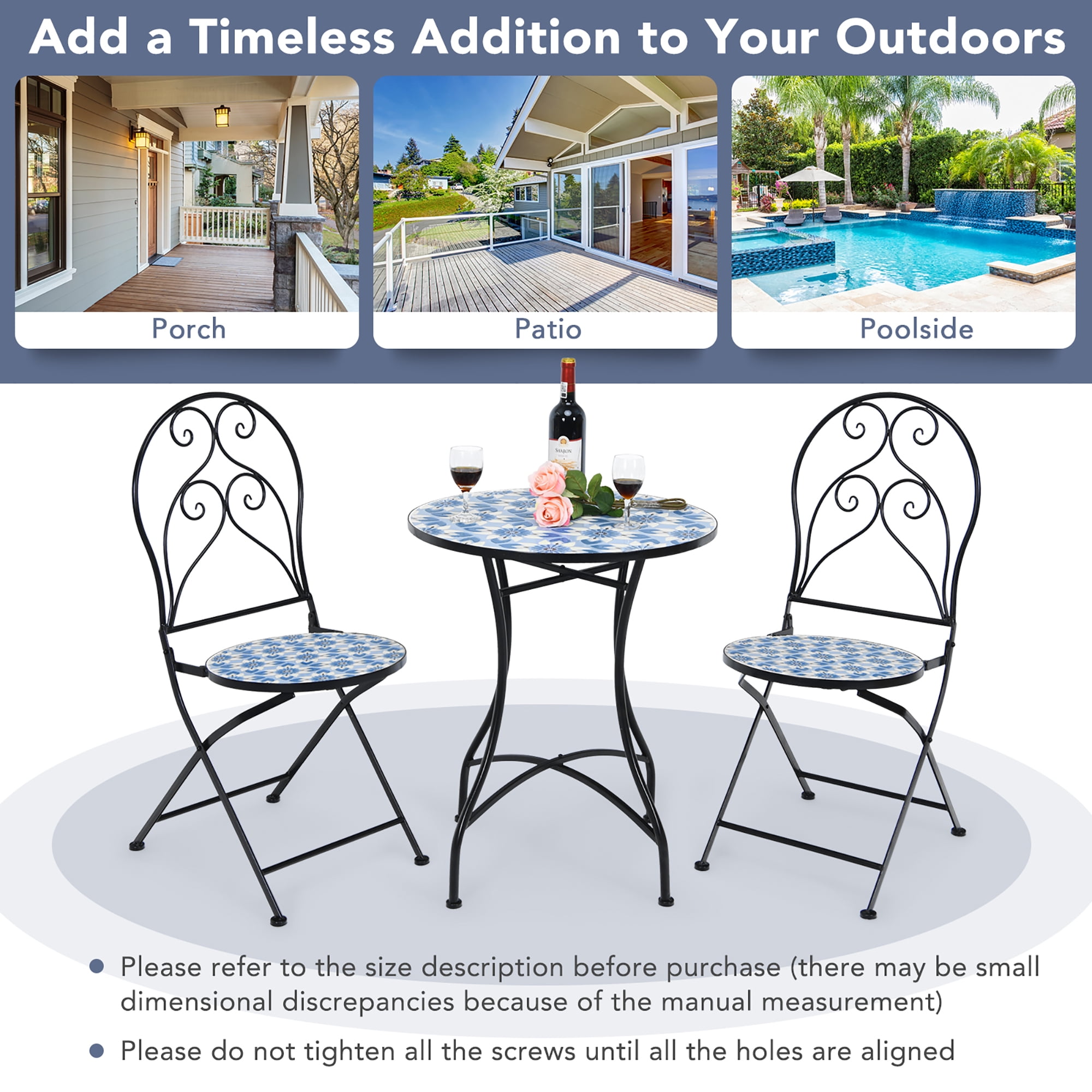 Costway 2PCS Patio Folding Mosaic Bistro Chairs Blue Flower Pattern Seat Garden
