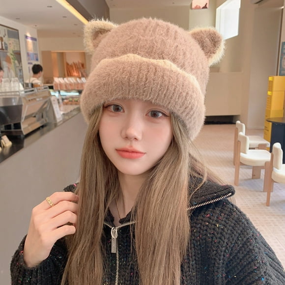 Jsaierl Cute Cat Ear Beanie Hat for Women Winter Warm Knitted Caps Slouchy Crochet Skull Cap Soft Windproof Hats