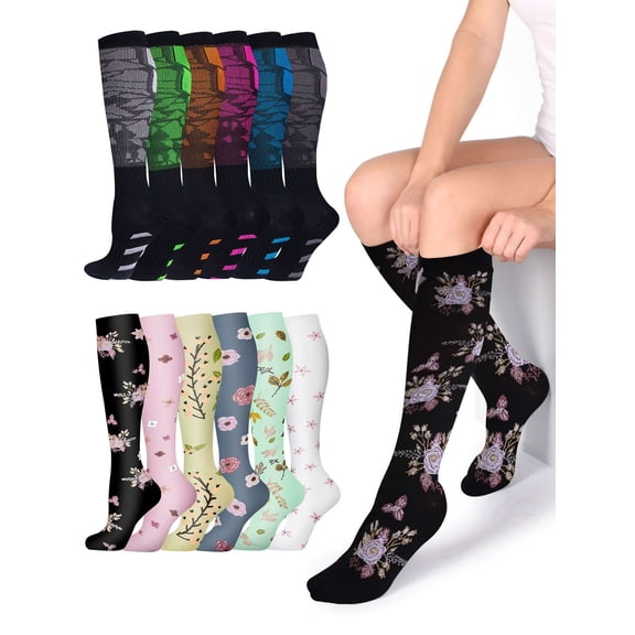 BadPiggies 6 Pairs Compression Socks for Women & Men 15-20mmHg Graduated Support Knee High Socks