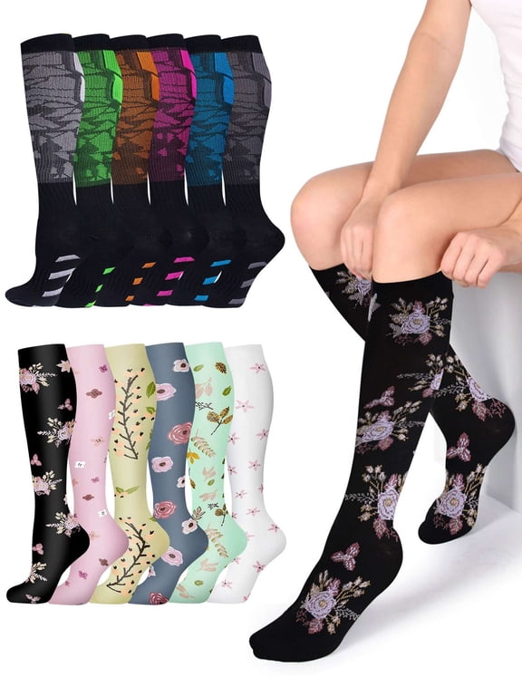 BadPiggies 6 Pairs Compression Socks for Women & Men 15-20mmHg Graduated Support Knee High Socks