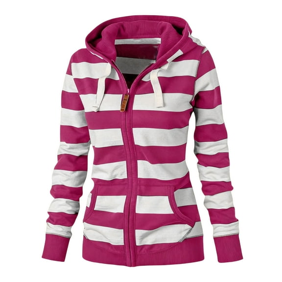 Yievot Women's Zip Up Hoodies Casual Striped Hooded Sweatshirts Plain Zipper Classic Fall Jackets with Pockets