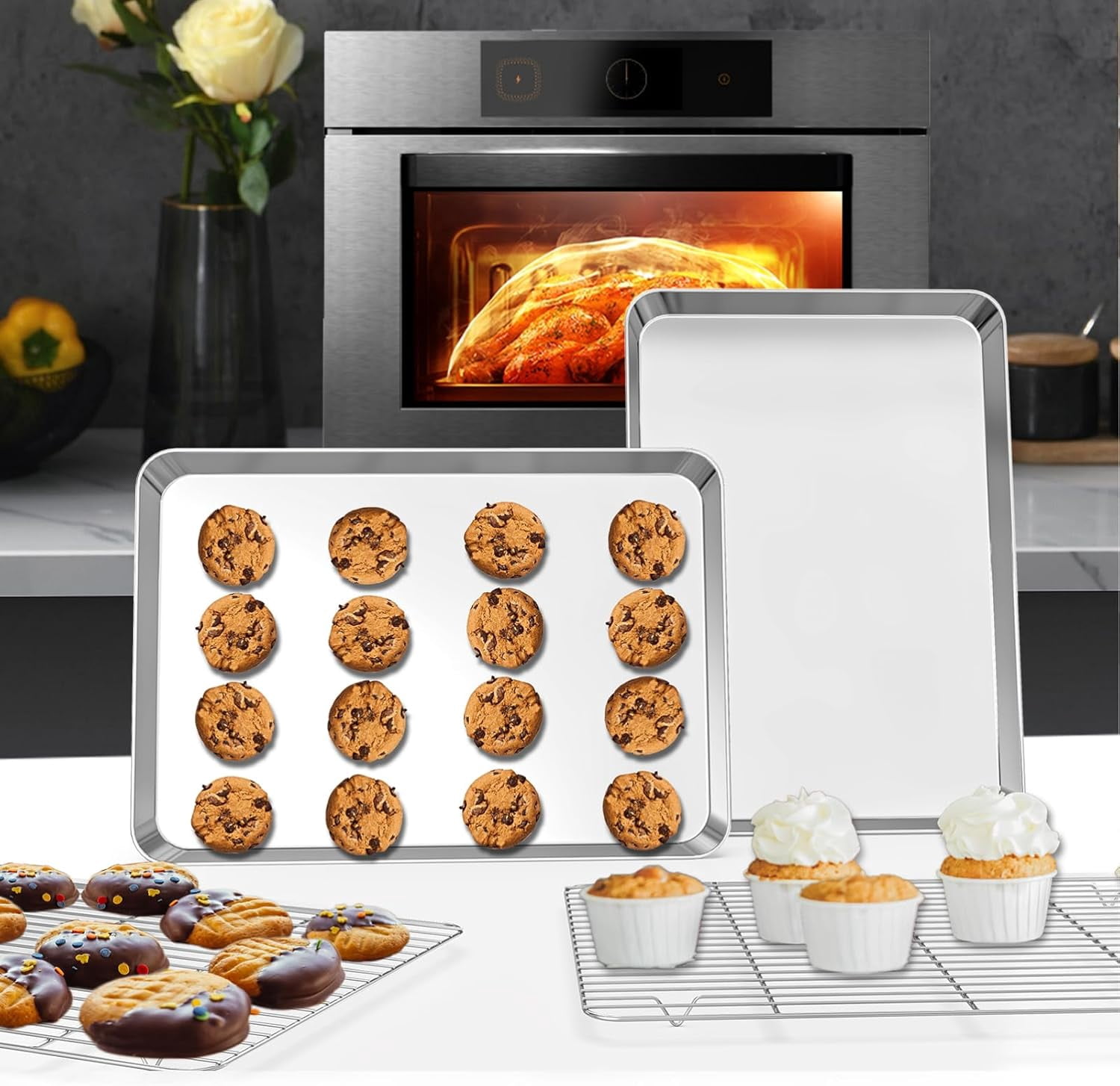 Small Baking Sheet & Rack Set (2 Baking Pans + 2 Baking Racks), Stainless Steel Cookie Sheet & Cooling Rack, Nonstick Baking Tray, Non Toxic & Heavy Duty & Easy Clean, Size 9 x 7 x 1 Inch