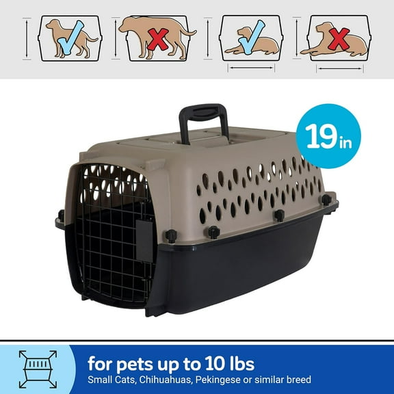 Portable Dog Carrier for Small Dogs, Airline-Friendly Plastic Crate, 19 Inches, Taupe and Black