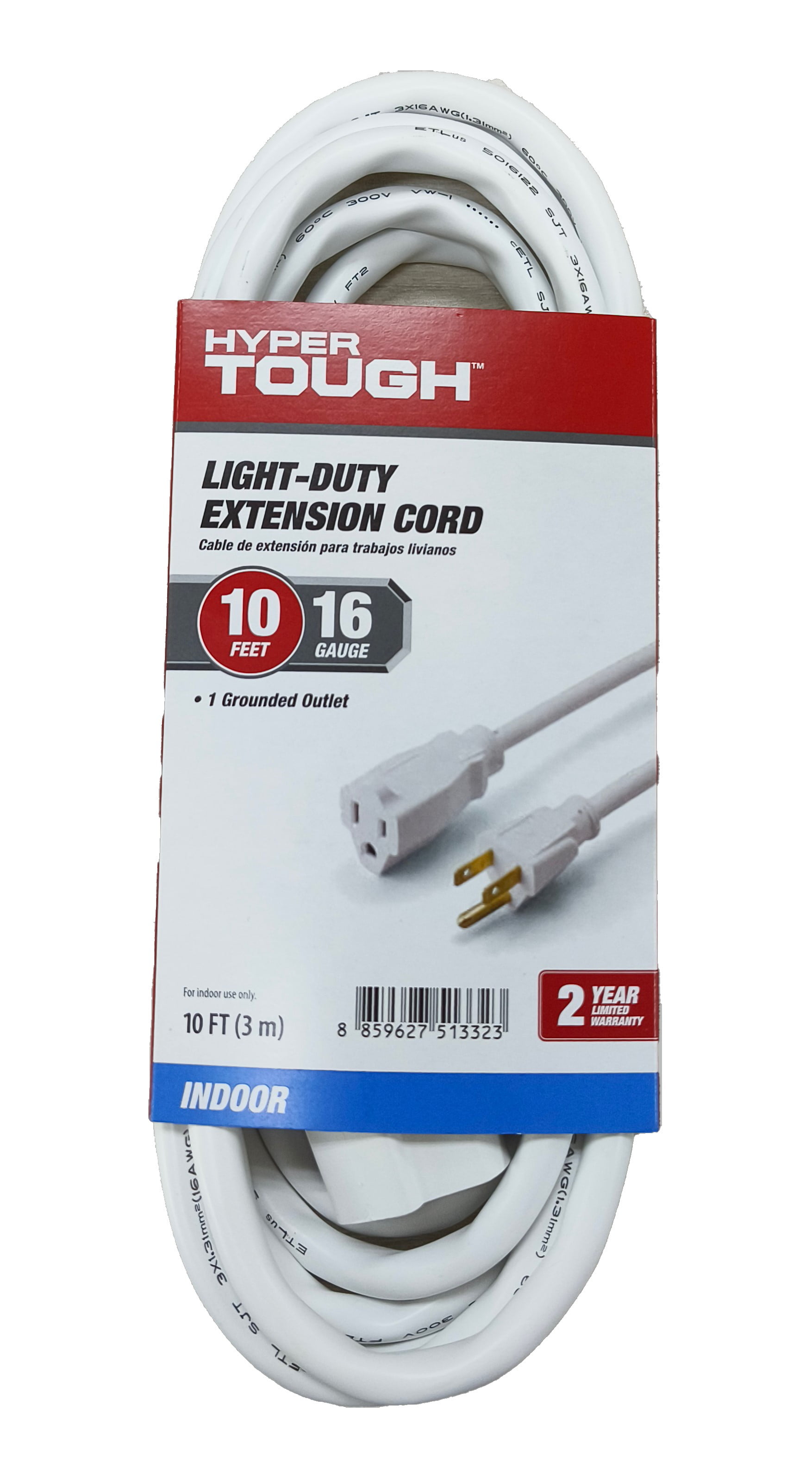 (2 pack) Hyper Tough 10FT 16AWG 3 Prong White Single Outlet Extension Cord, 13 Amps