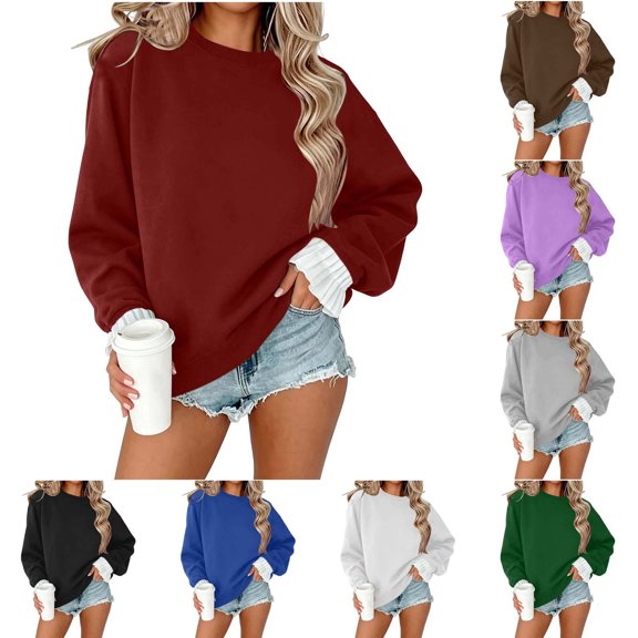 Tqcoqu Women's Solid Crew Neck Pullover Sweatshirt,Fake Two Piece Ruffle Flounce Cuff Long Sleeve Loose Casual Tops For Fall Winter,Black Women's S-XXL