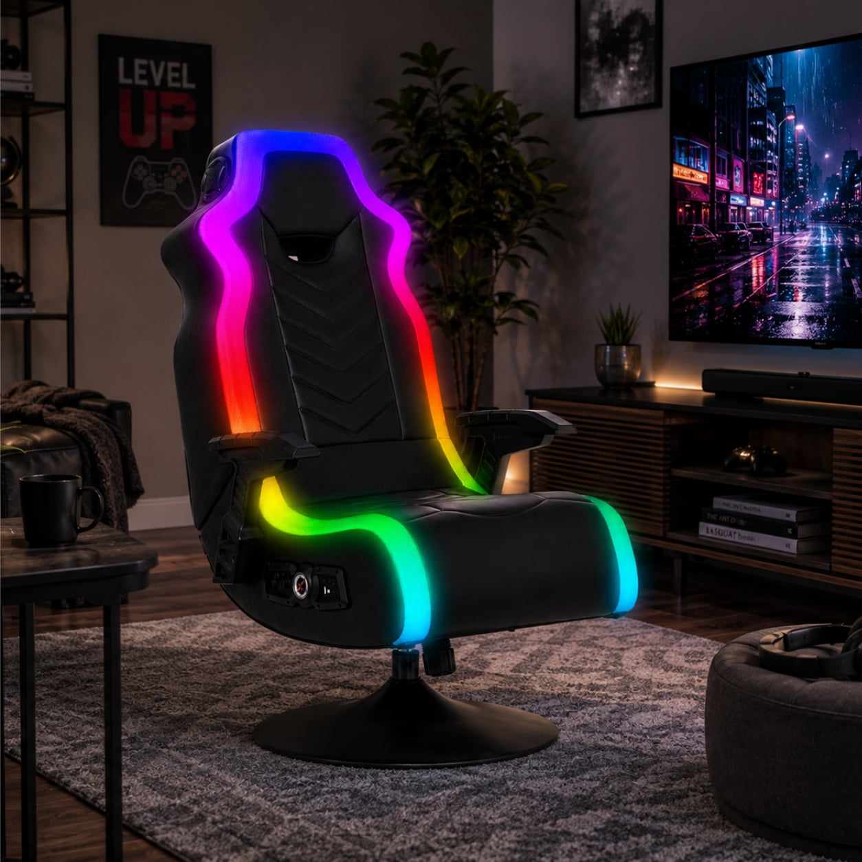 Black RGB Pedestal Gaming Chair with Fixed Armrest, 33" x 25" x 45"