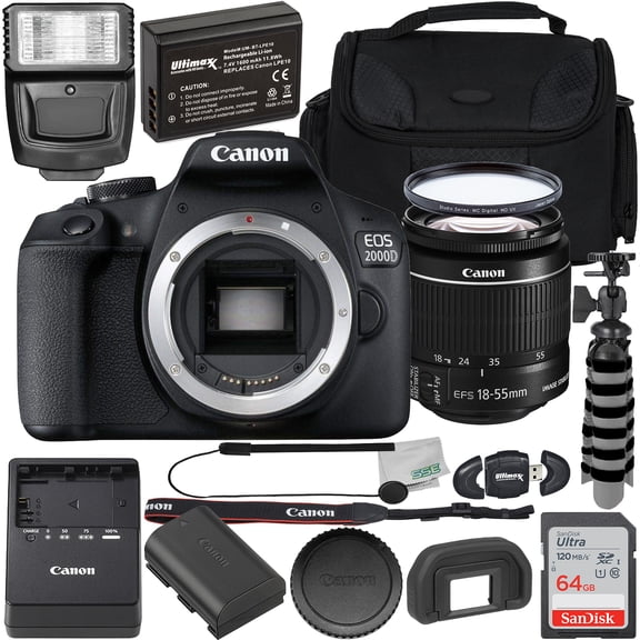 Canon EOS 2000D (International Model) DSLR Camera with EF-S 18-55mm f/3.5-5.6 IS II Lens and Starter Accessory Bundle, Includes SanDisk Ultra 64GB SDXC Card, Digital Flash, Extra Battery, and More