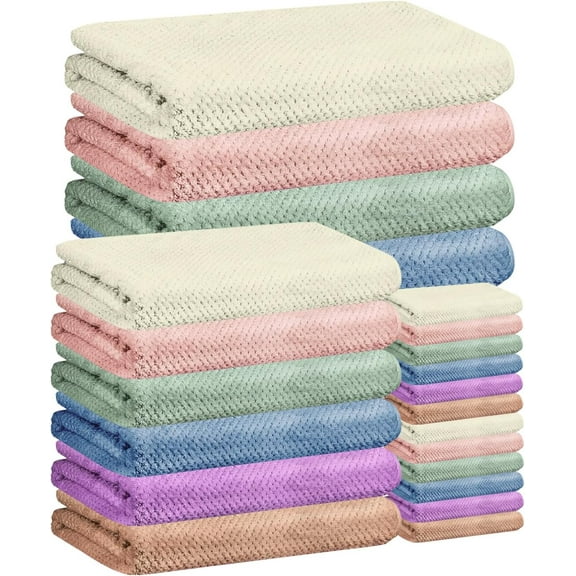 24 Pcs Towels Set 6 Bath Sheets 6 Washcloths and 12 Hand Towels, Reusable Absorbent Quick Dry Colorful Coral Velvet Towel for Shower Bath Spa Hotel Bathroom Supplies (Multicolor)