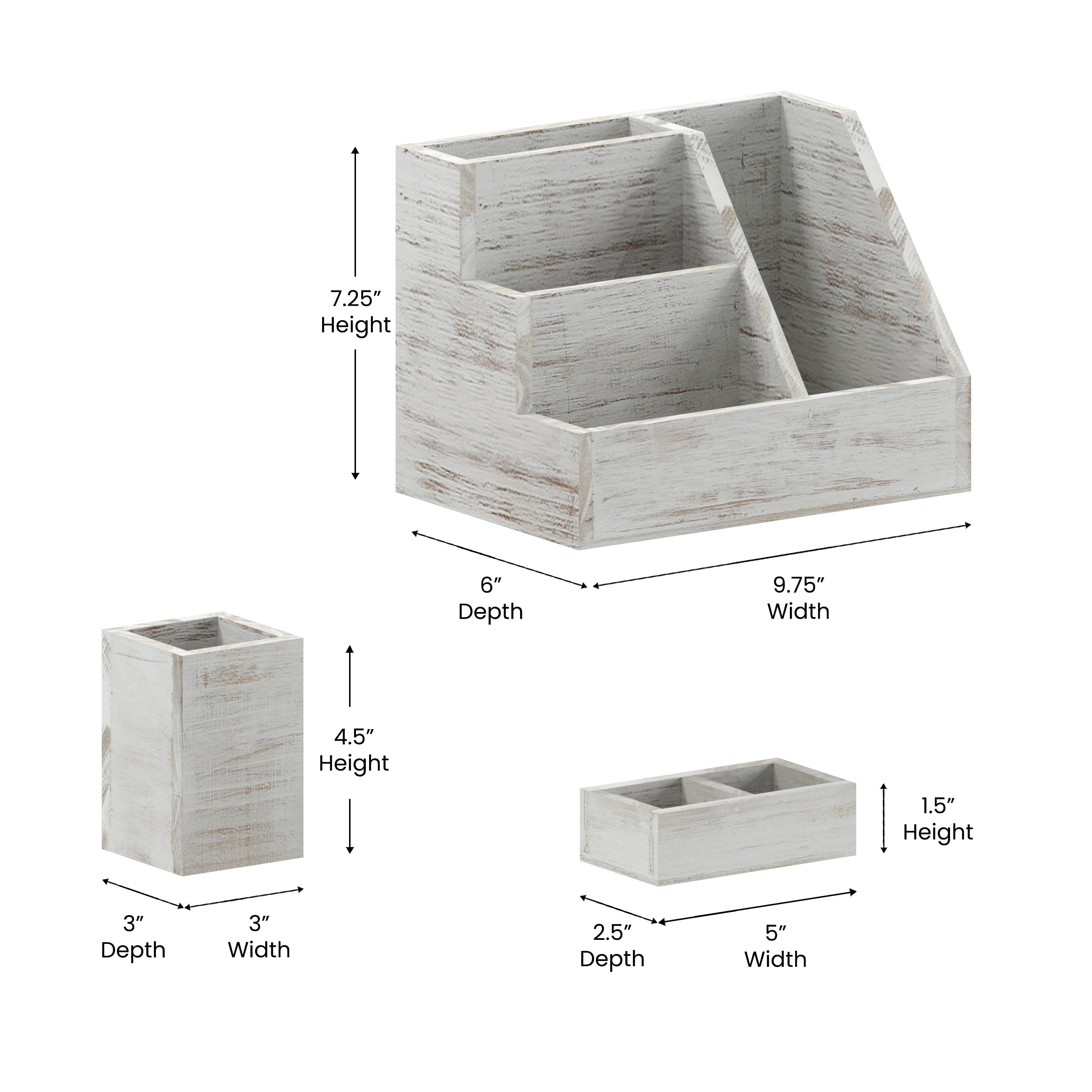 Merrick Lane 3 Piece Wooden Desk Organizer Set for Desktop, Countertop, or Vanity in Whitewashed