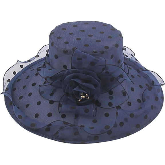 Kukuzhu Womens Polka Dot Organza Church Hats Wide Brim Sun Caps with Flower Wedding Tea Party Kentucky Fascinator Derby Hats
