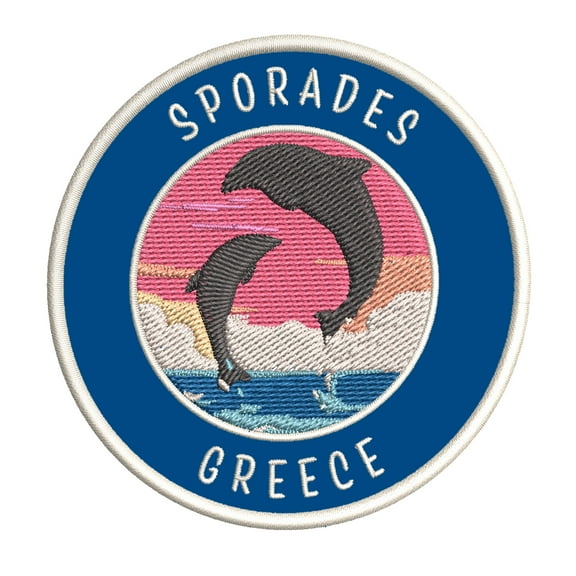 Sporades, Greece Dolphin Sunset 3.5 Inch Iron Or Sew On Embroidered Fabric Badge Patch Ocean Beach, Salt Life Iconic Series