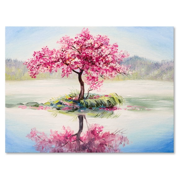 Designart ' Oriental Cherry Pink Tree Sakura On The Lake ' Lake House Canvas Wall Art Print