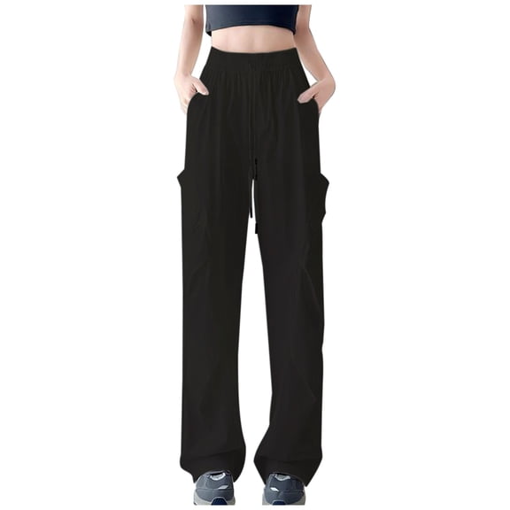 Kvture Women High Waisted Pants Drawstring Casual Cargo Pant Quick Dry Comfy Wide Leg Stretchy Multi Pockets Pant-Black M