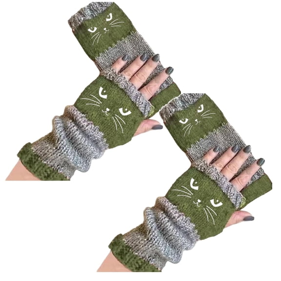 2 Pairs Women's Knitted Fingerless Gloves with Cute Cat Embroidery, Cozy & Soft Knit Fabric Fingerless Cat Gloves for Winter Walk