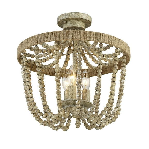 Trade Winds Rustic 3-Light Semi-Flush in Natural Wood with Rope