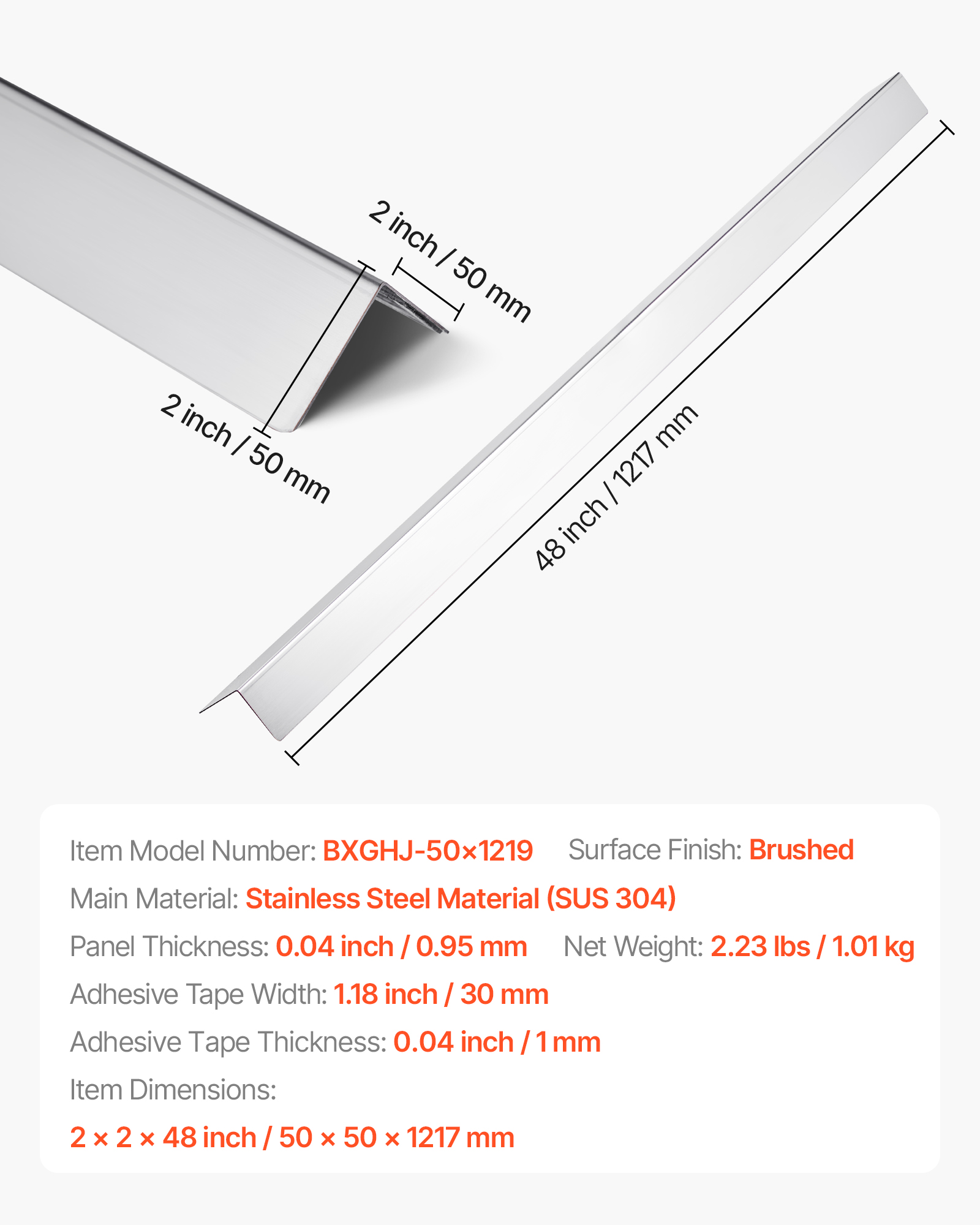 VEVOR Stainless Steel Wall Corner Protector, 2 x 2 x 48 inch, 10 Pack Metal Corner Guards, 304 Stainless Steel Edge Trim 90-Degree Angle for Home,Office,Commercial Wall Protection, with 3m Tape