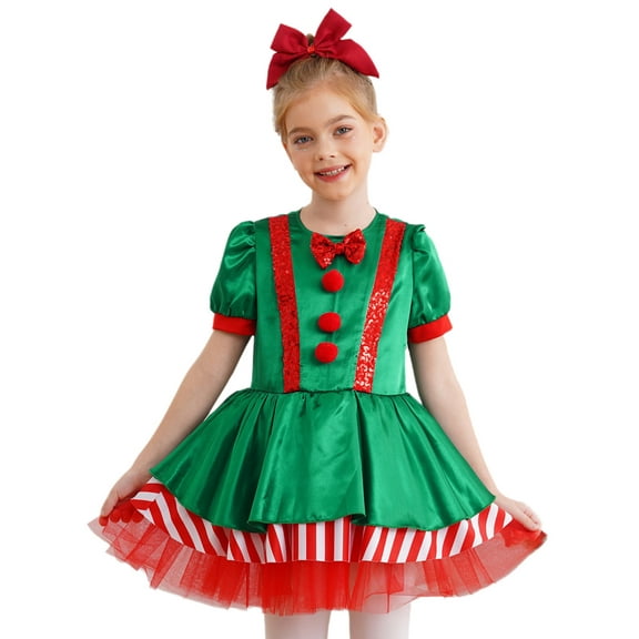 iEFiEL Girls Short Sleeve Tutu Dance Dress Figure Skating Stage Performance Christmas Elf Dress Red 4