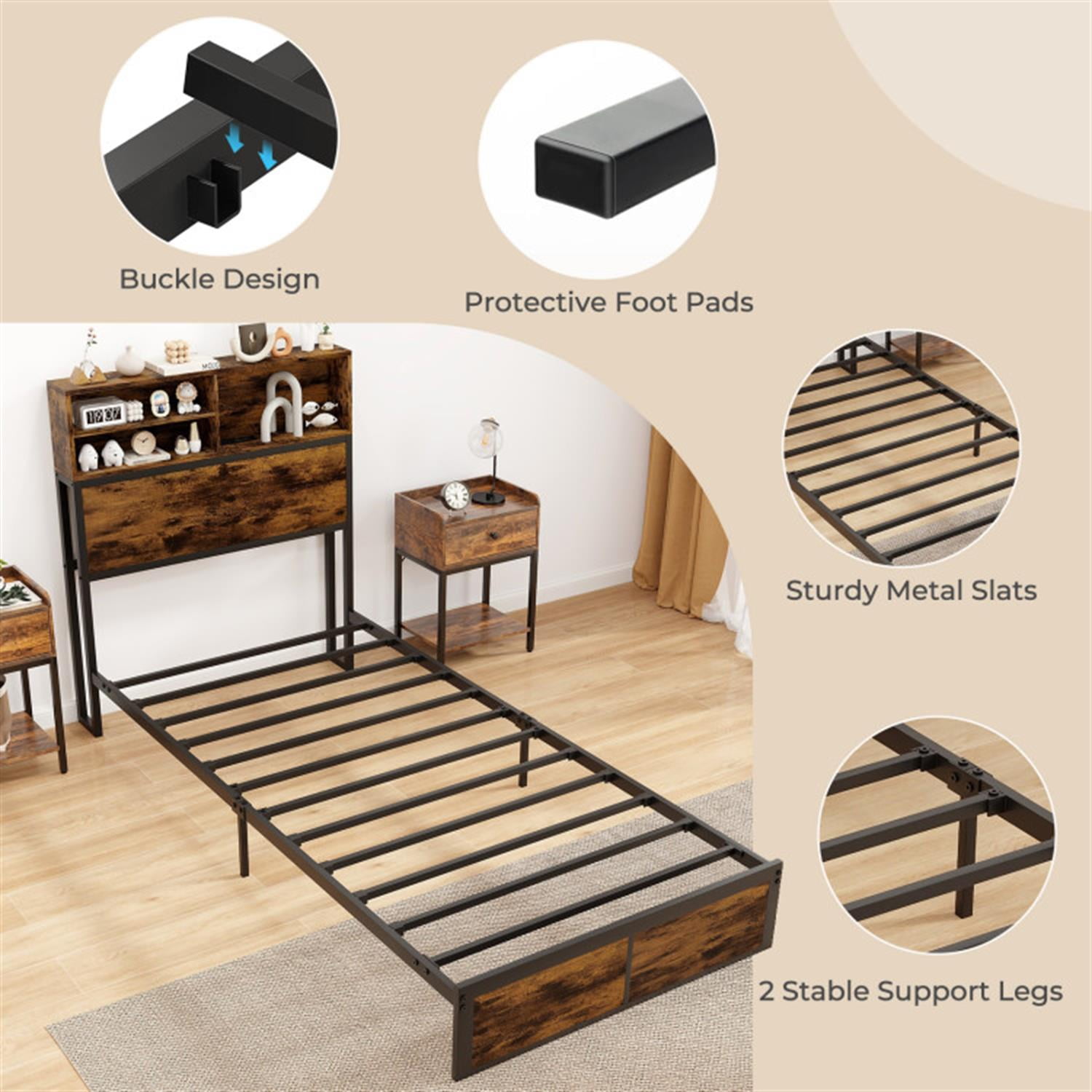 Demi Bonn Twin Size Bed Frame with Wooden Headboard and Footboard, Industrial Metal Platform Bed Frame with Under Bed Storage, No Box Spring Needed, Brown