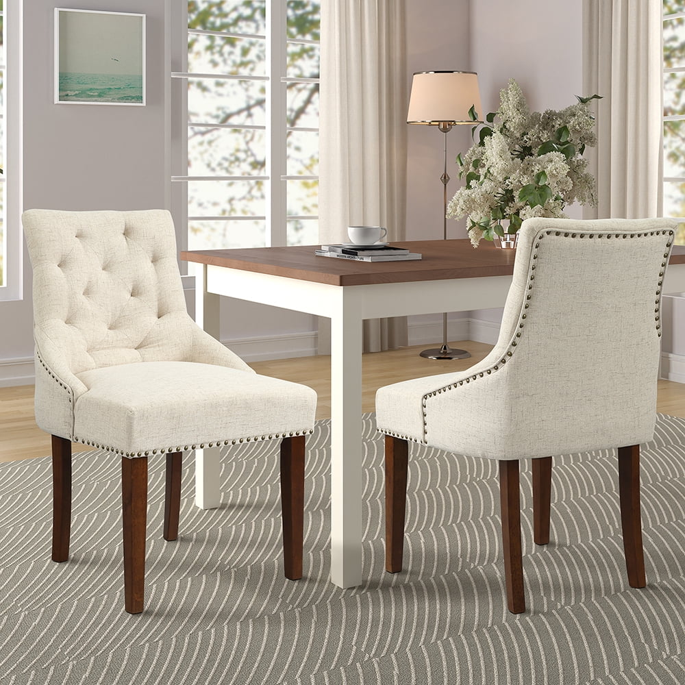 Kepooman Elegant Medieval Upholstered Dining Chairs Set of 6, Tufted High Back Armless Home Chairs with Nailed Trim Solid Wood Legs, Accent Chairs for Dining Room/Living Room/Kitchen, Beige Kepooman Elegant Medieval Upholstered Dining Chairs Set of 6, Tufted High Back Armless Home Chairs with Nailed Trim Solid Wood Legs, Accent Chairs for Dining Room/Living Room/Kitchen, Beige