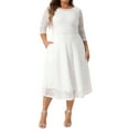 thumbnail image 2 of Agnes Orinda Robe Formelle pour Femme Grande Taille, Dentelle Florale, Encolure Dégagée, Manches 3/4, avec Poche, Tricot, Robe de Cocktail, 3X, Blanc, 2 of 6