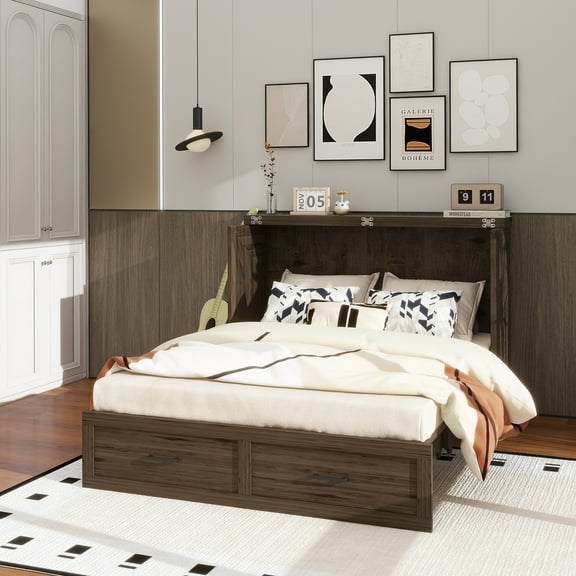 Murphy Bed Cabinet Queen Size with Charging Station, Multi-Functional Foldable Platform Bed with 1 Large Storage Drawer for Guest Room, Small Bedroom, Rustic Gray