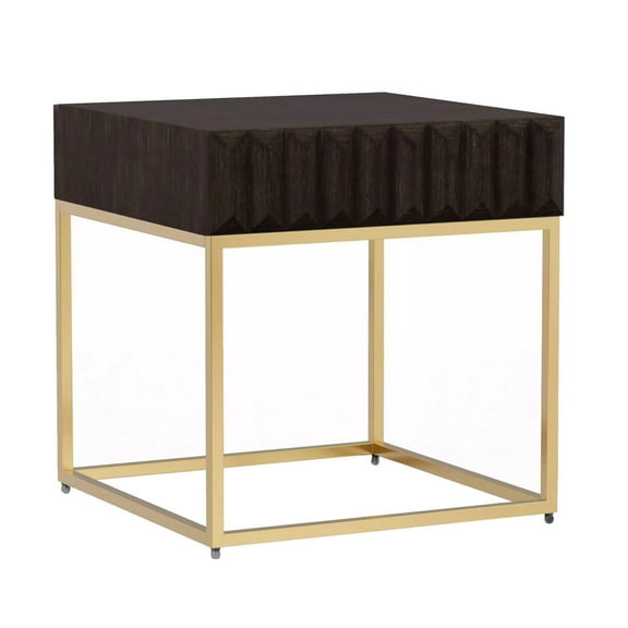 Bran 23 Inch Square Side End Table Brown Wood Gold Steel Base 1 Drawer - Saltoro Sherpi