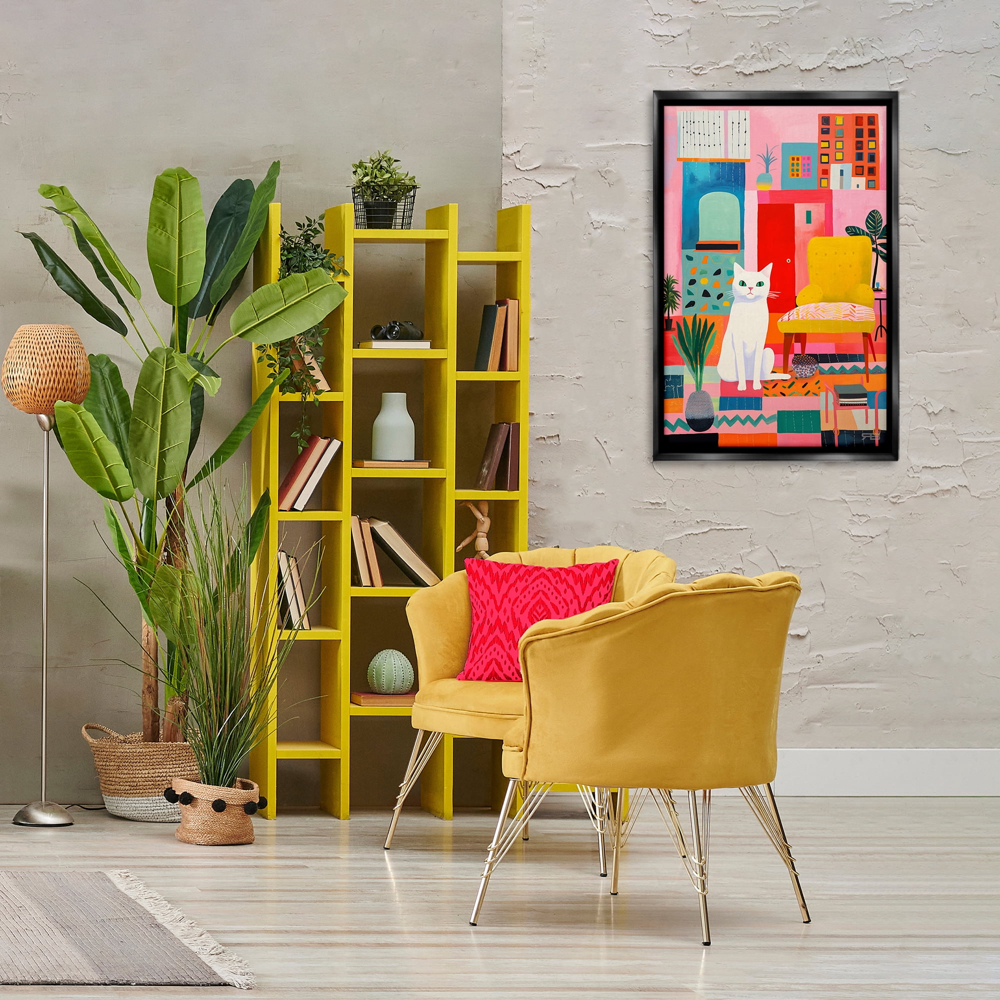 Stupell Industries Cat in Eclectic Interior Animals & Insects Painting Black Floater Framed Canvas Art Print Wall Art, 21 x 31
