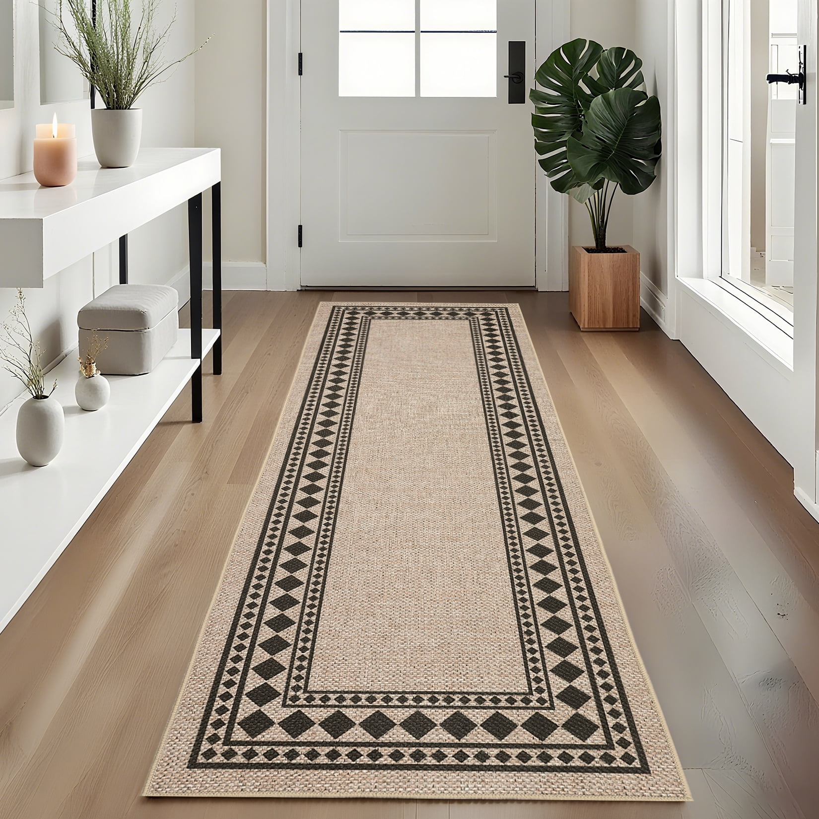 Garvee 2'x6' Modern Bordered Rug Solid Runner Rug, Geometric Washable Rugs Stain Resistant Low Pile Rug Non Slip Indoor Outdoor Carpet for Hallway Bedroom Home Office, Jute