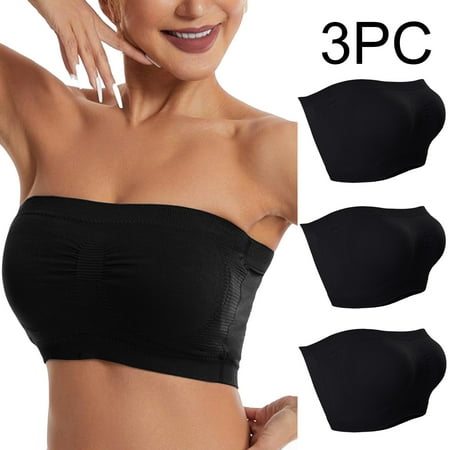 Friday deals 2024 christmas Xysaqa 3 Pack Strapless Bra Womens Seamless Bandeau Crop Tube Top Wireless Bra Comfy Stretchy Strapless Padded Bralette Bras for Women Black 3X