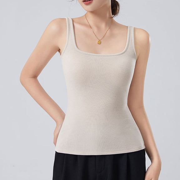 SwiftWear Women's Square Neck Tank Tops Built-in Bra Summer Lightweight Sleeveless Casual Sleepwear Knit Layering Tank Top​, Beige