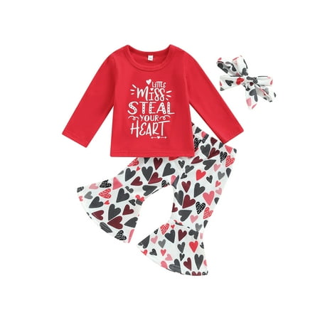 

Diconna Valentines Day Baby Girl Clothes Set Letter Print T-Shirts Heart Print Flare Pants Headband 3Pcs Outfits Red 6-12 Months