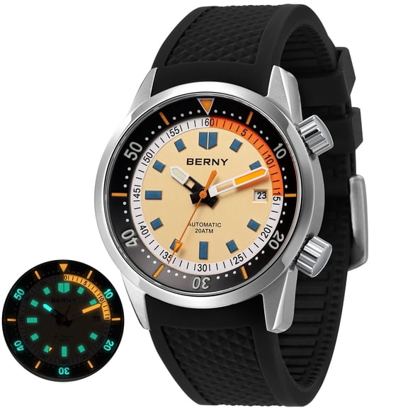 BERNY Men's Automatic Dive Watch, Sport 20ATM Waterproof Machanical Men Watch with Silicone Strap, Date, Super Luminous, Sapphire Crystal, Fashion Diving Watch for Men, Yellow