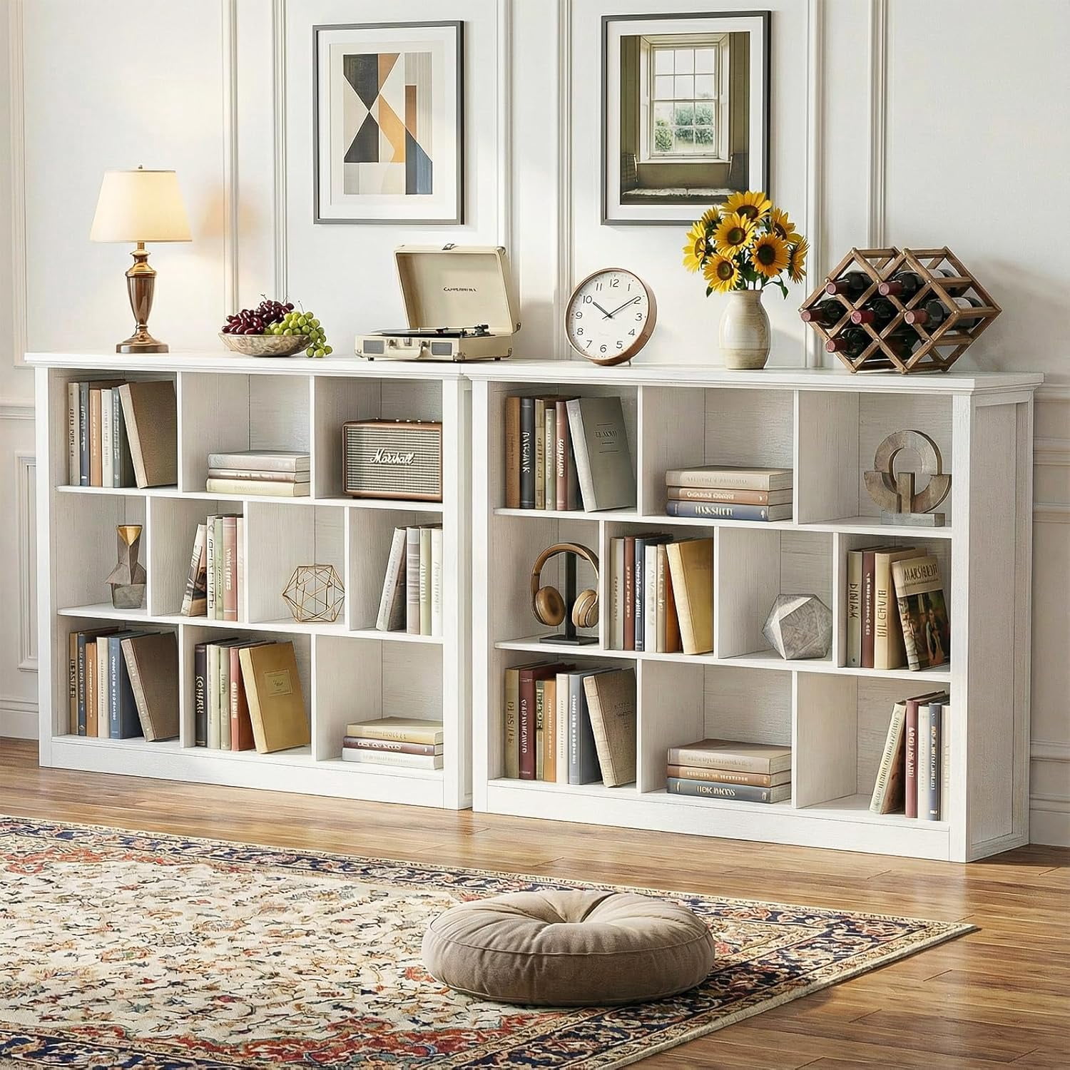 Homieasy 50" Wood Cube Storage Organizer, 10 Cube Storage Book Shelf, Wooden 3 Tiers Floor Standing Low Bookcase for Living Room, Bedroom, Home Office, Kids Room, White
