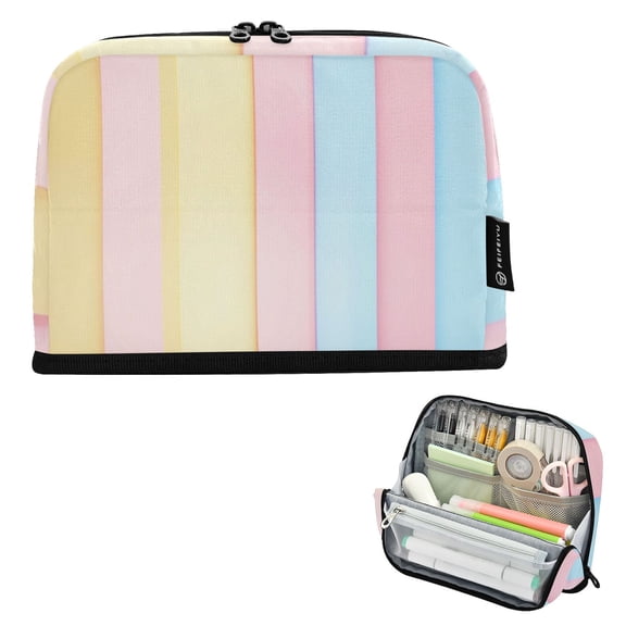Standing Pencil Case with Base Large Capacity Stationery Pouch Pen Bag with Zipper for Women Men Stripe Background
