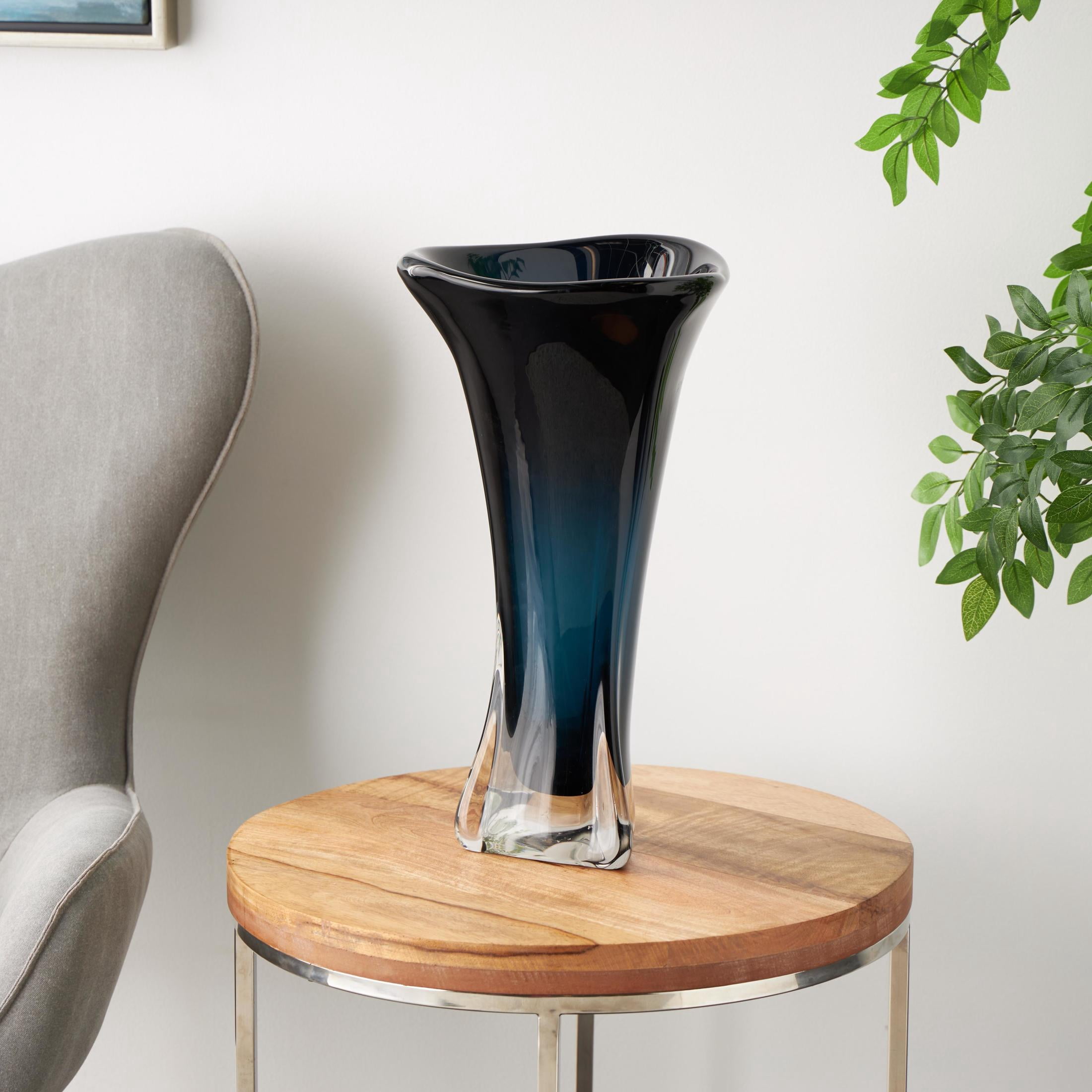 DecMode 18" Abstract Ombre Tulip Dark Blue Glass Vase with Clear Base